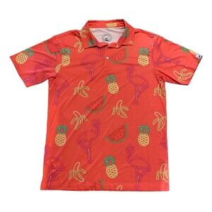 Proud 90 Golf Polo Shirt Mens Medium Pink Neon Tropical Flamingos Colorful Fruit